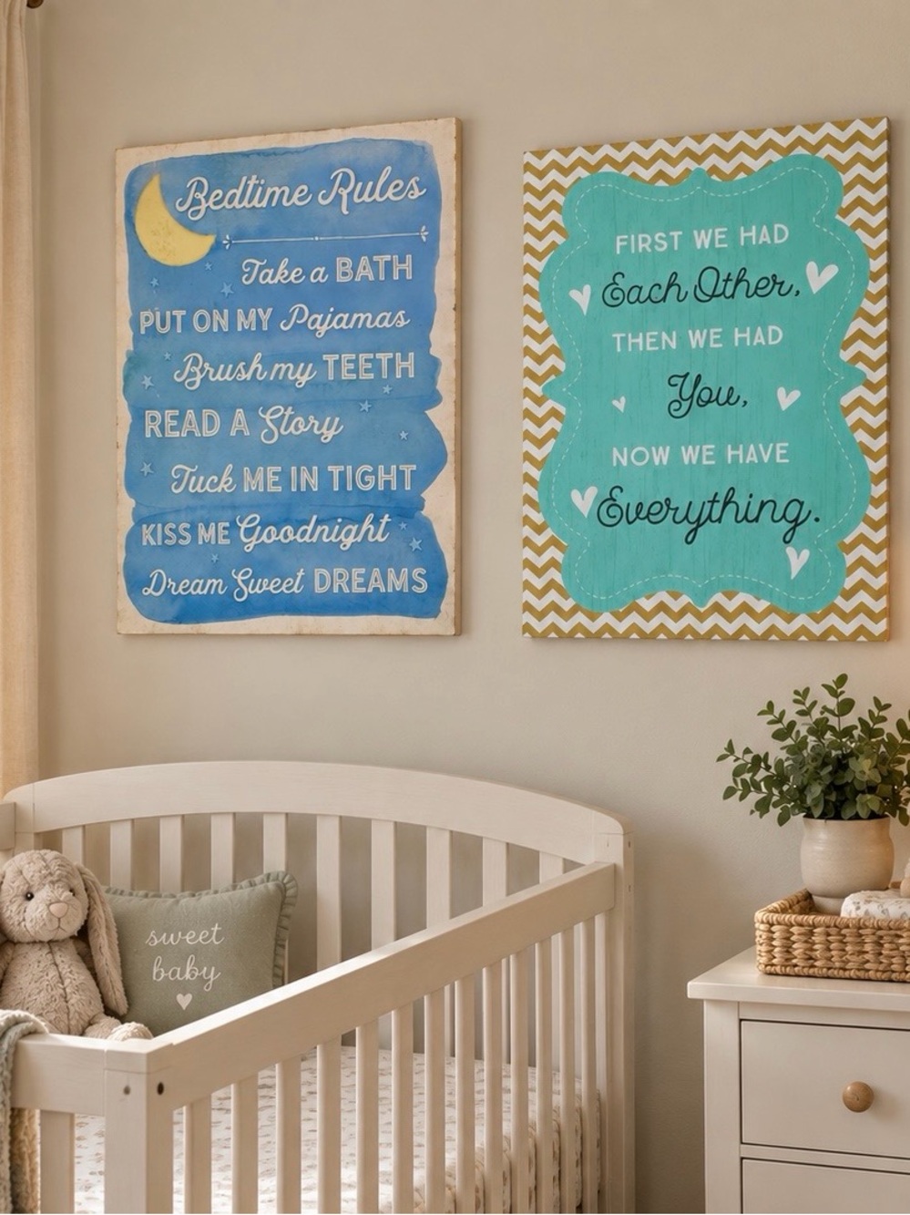 2 Nursery Wall Decor Signs Bedtime Rules Baby Quote Kids Room /Bathroom